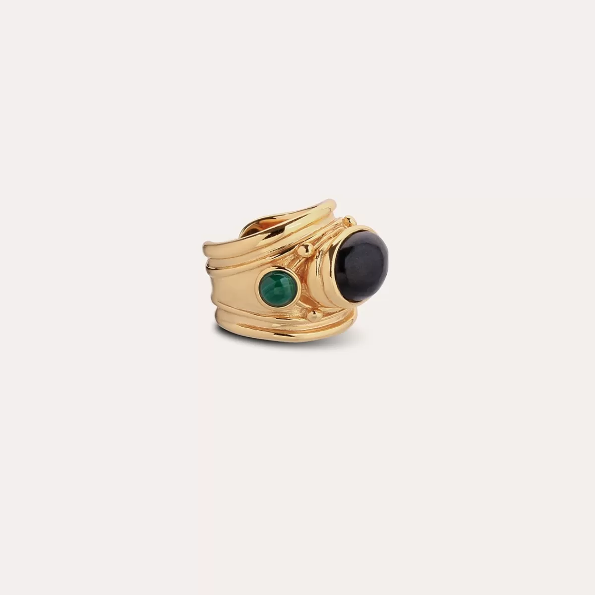 Gas Bijoux Bague Simone dorée - Basalt noir & Malachite Nacre blanche Best Sale