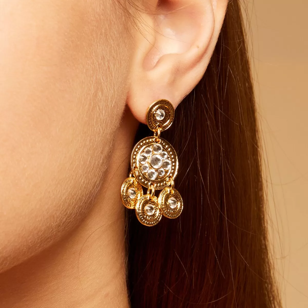 Gas Bijoux Boucles d'oreilles Sequin deux rangs dorées Cristal Outlet