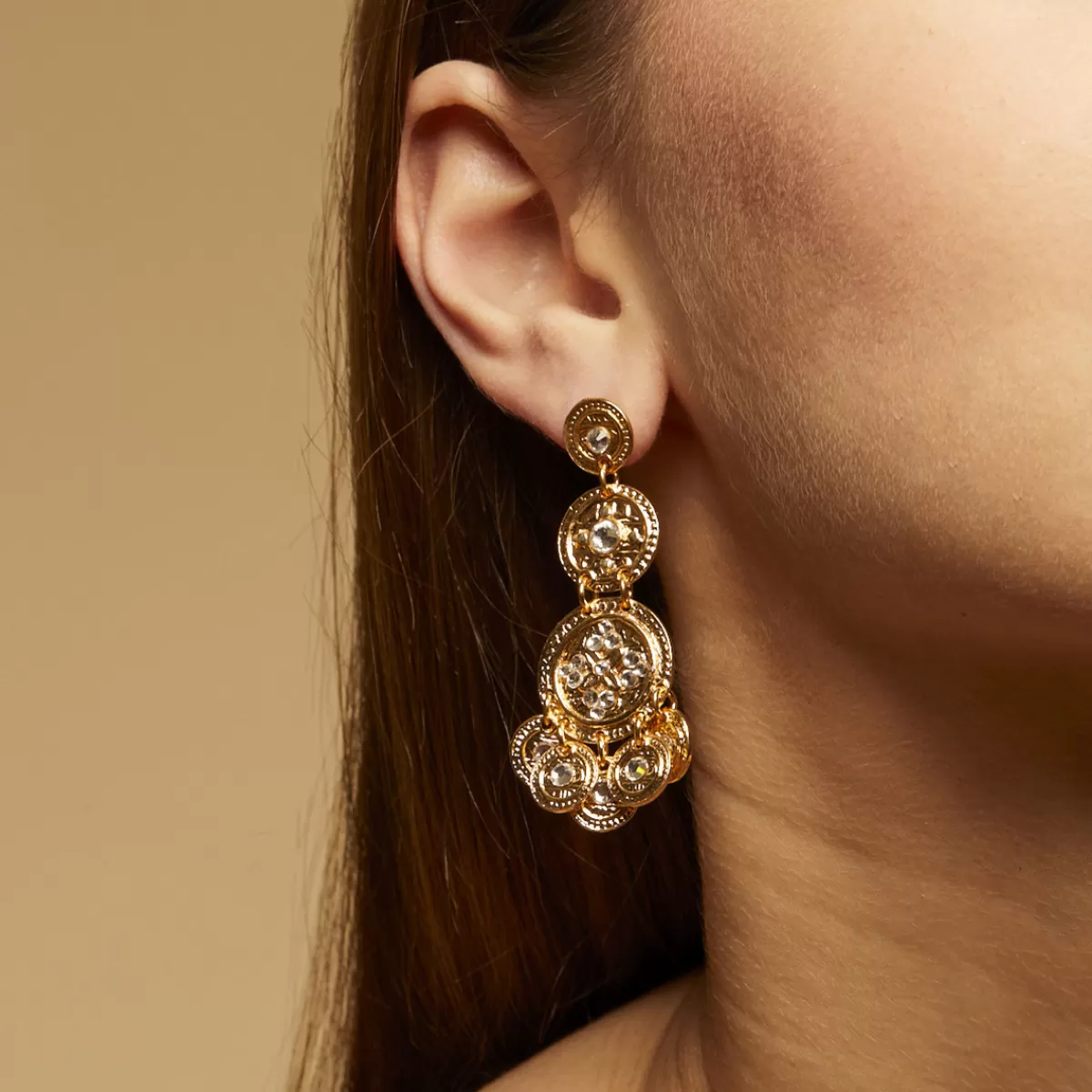 Gas Bijoux Boucles d'oreilles Sequin trois rangs dorées Cristal Best