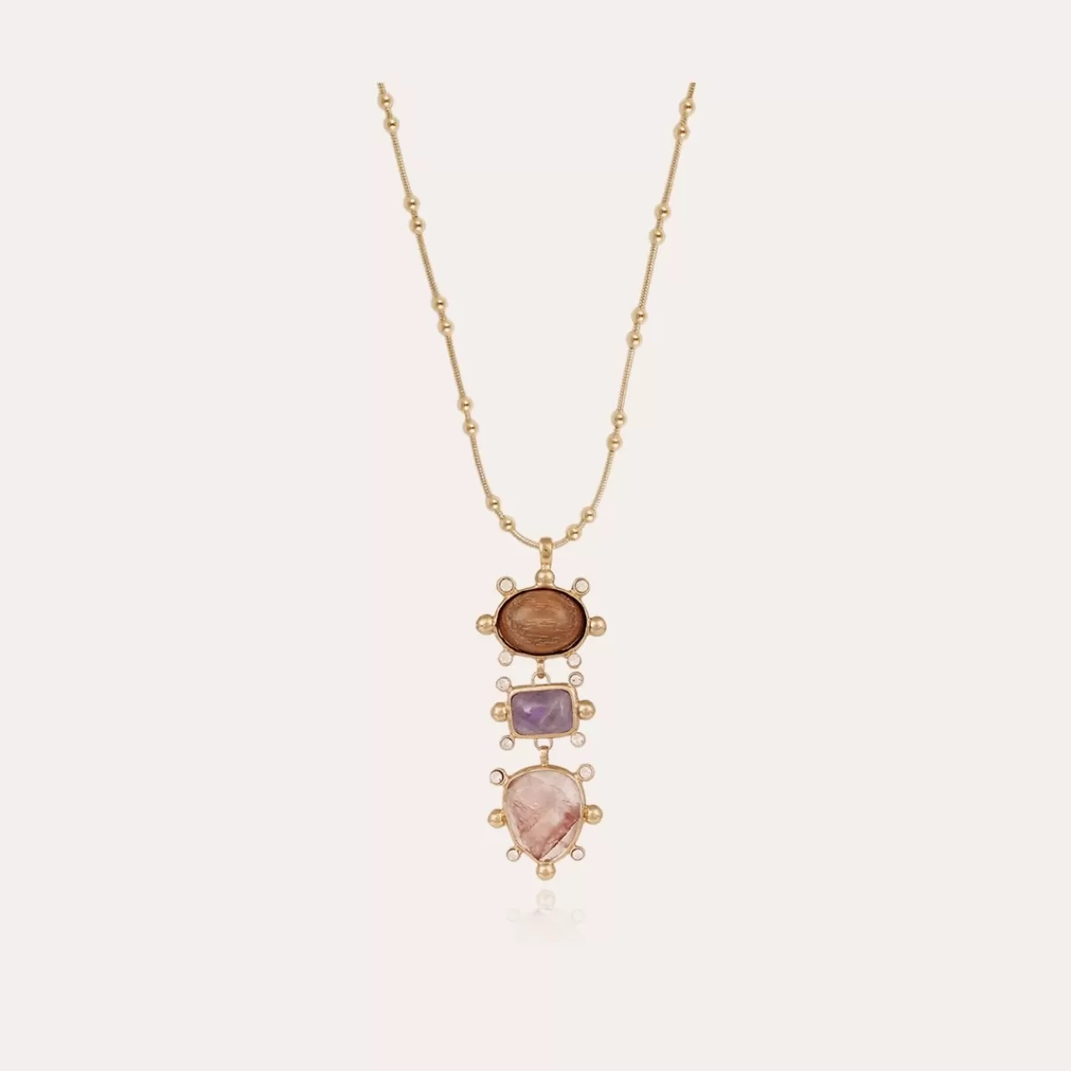 Gas Bijoux Collier Tiki 3 rangs doré - Bois, & Hématoide rouge Améthyste Cheap
