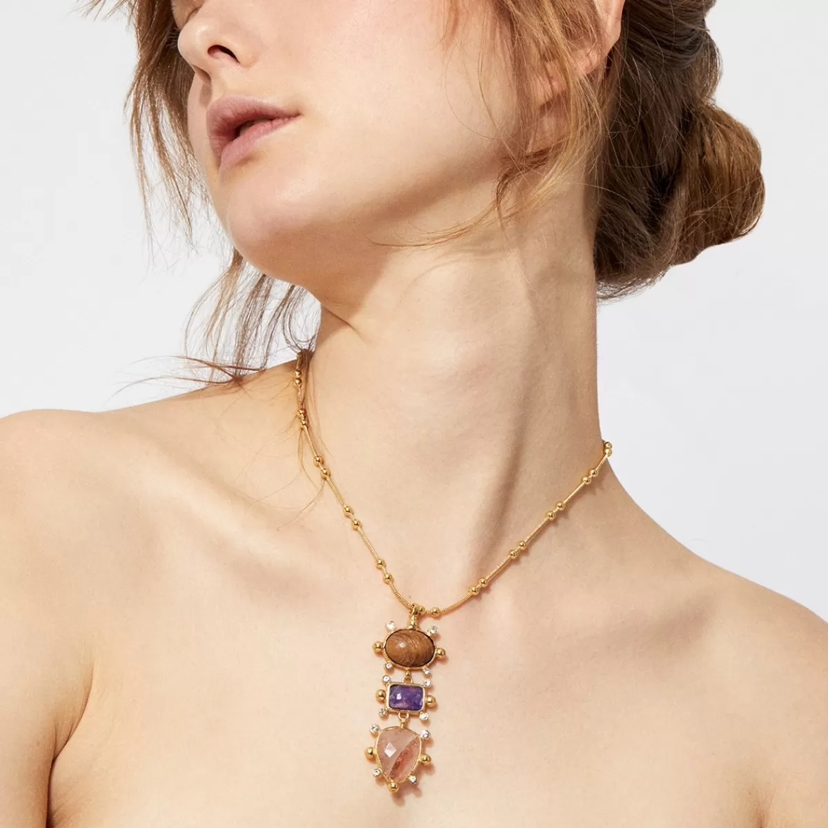 Gas Bijoux Collier Tiki 3 rangs doré - Bois, & Hématoide rouge Améthyste Cheap