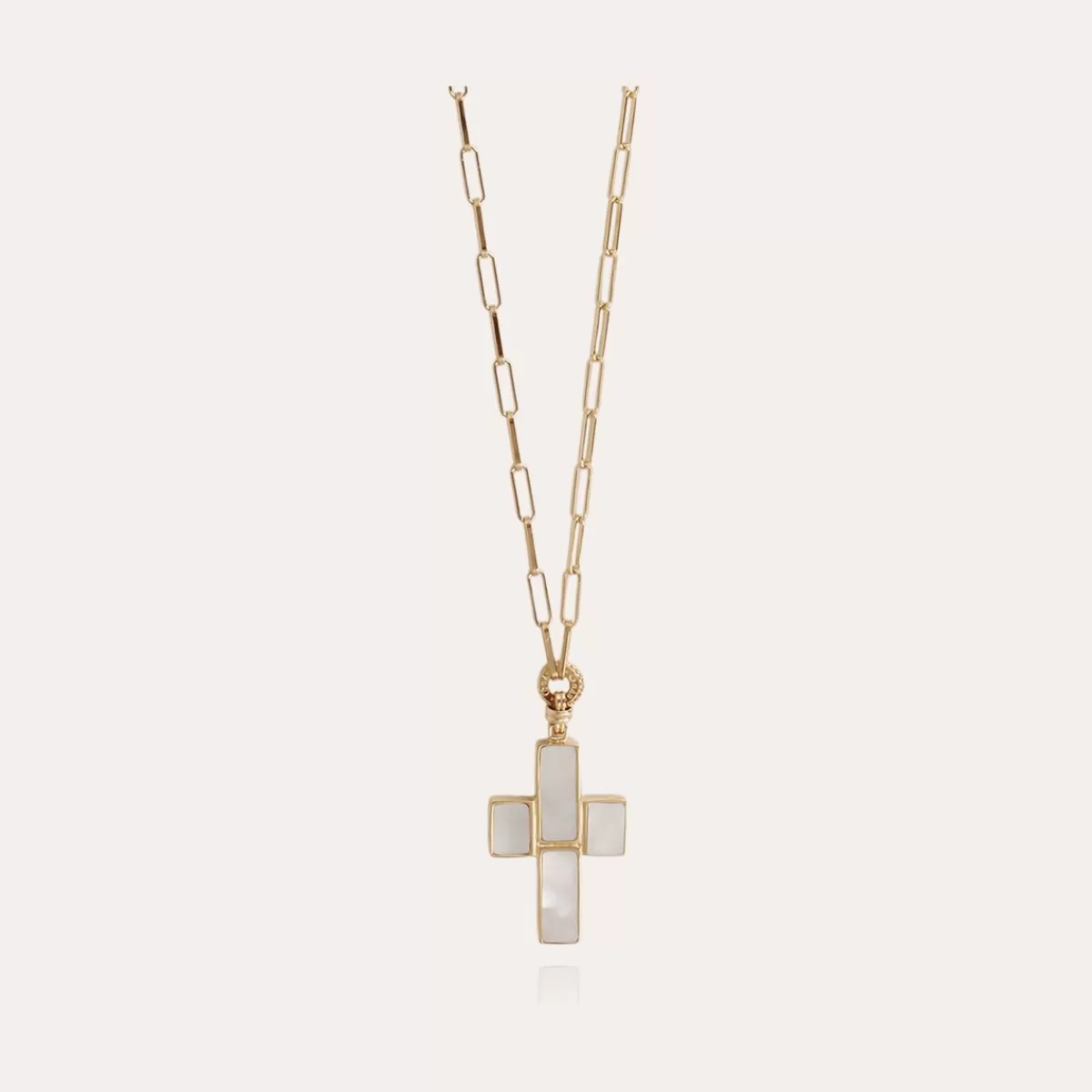 Gas Bijoux Sautoir Croix Serti doré - Nacre blanche New