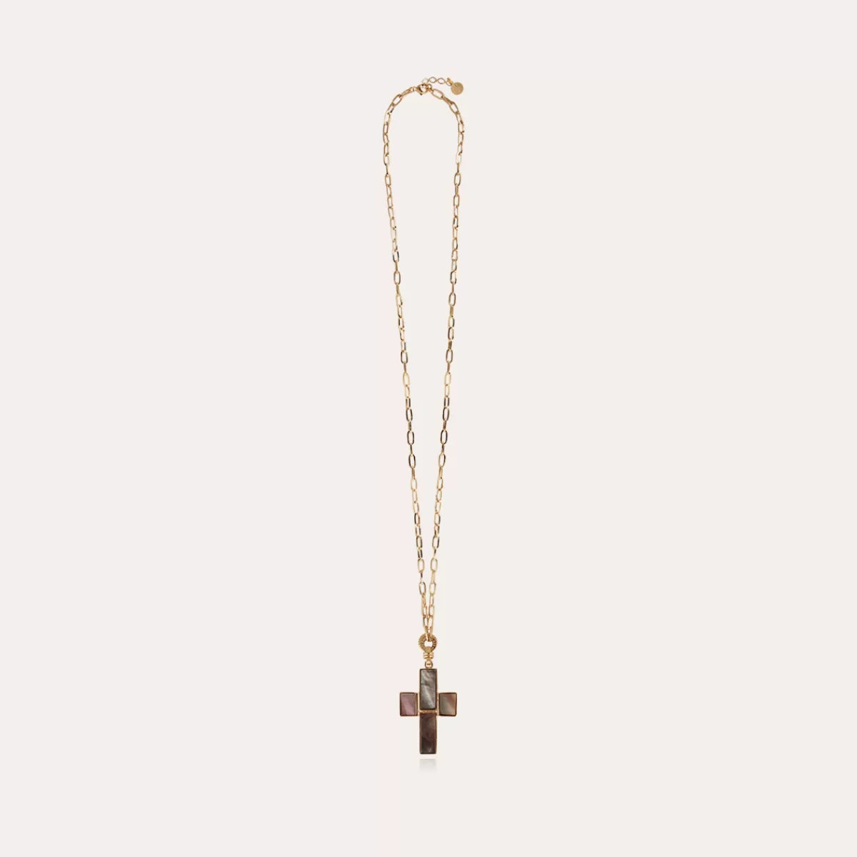 Gas Bijoux Sautoir Croix Serti doré - Nacre grise Nacre blanche Flash Sale